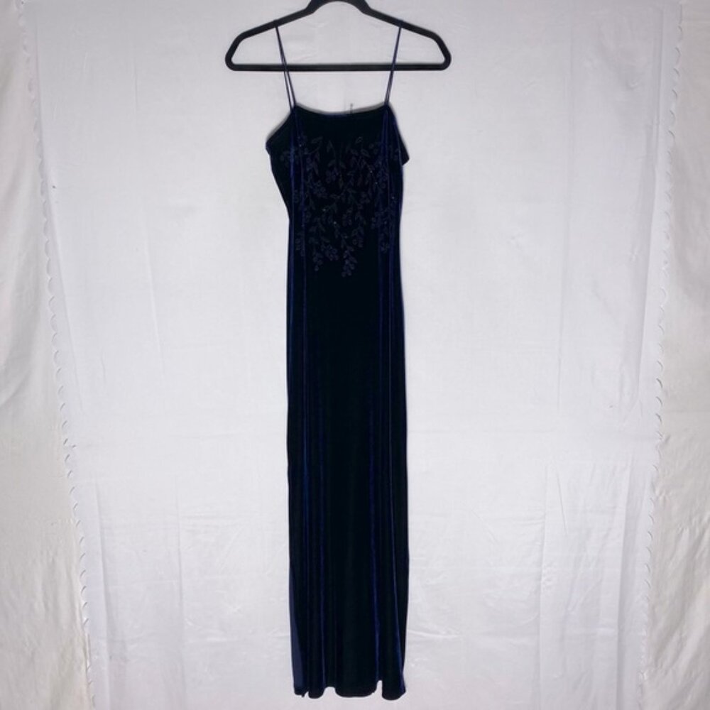 Vintage 90s/Y2K Emblem Navy Blue Velour Spaghetti Strap Formal Maxi Dress M